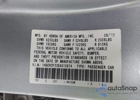 2014 Honda Accord Lx z USA, uszkodzony, nr VIN 1HGCR2F32EA015974